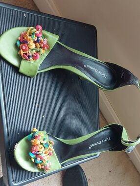 Pierre Dumas Lime Green Beaded Open-Toe Heels